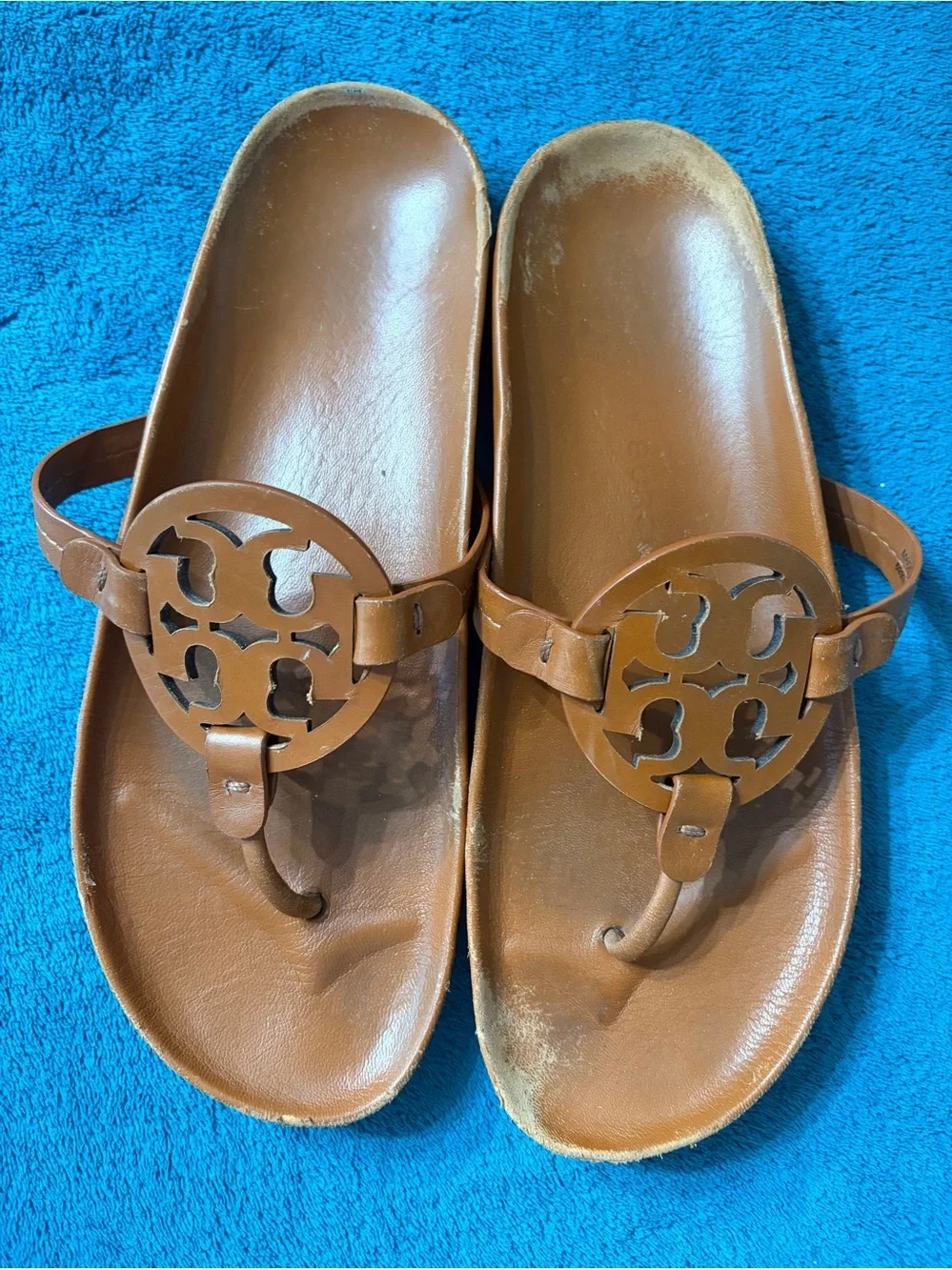Tory Burch Cognac Leather Logo Thong Sandals